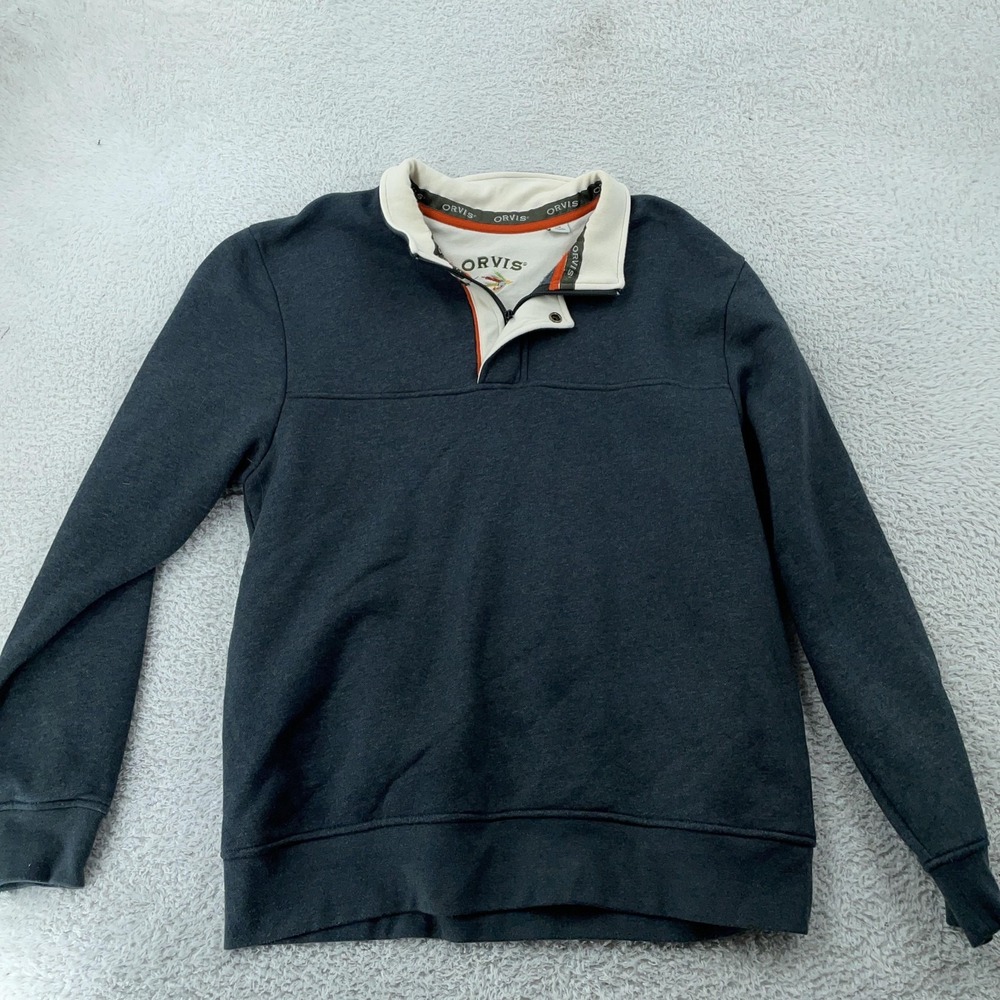 Orvis‎ Quarter Zip Sweatshirt Mens Large Charcoal Gray Contrast Collar Snap Neck